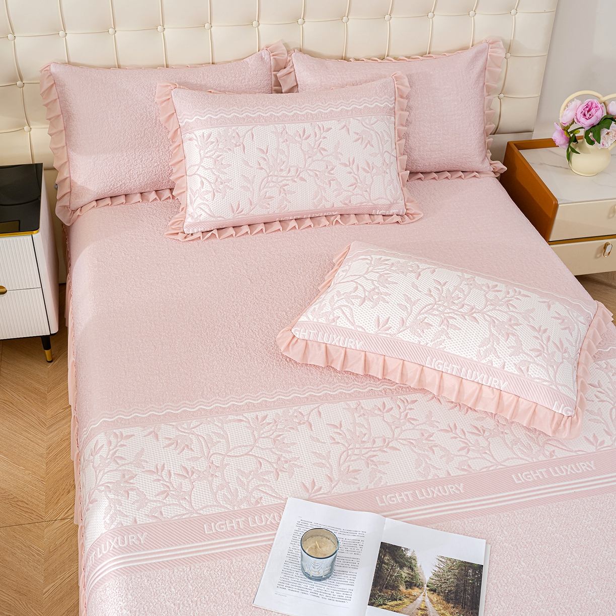 91家纺网 家纺一手货源 找家纺 冬然家纺 2026新款【清凉一夏系列】冰豆豆凉席床裙款 清凉一夏-粉