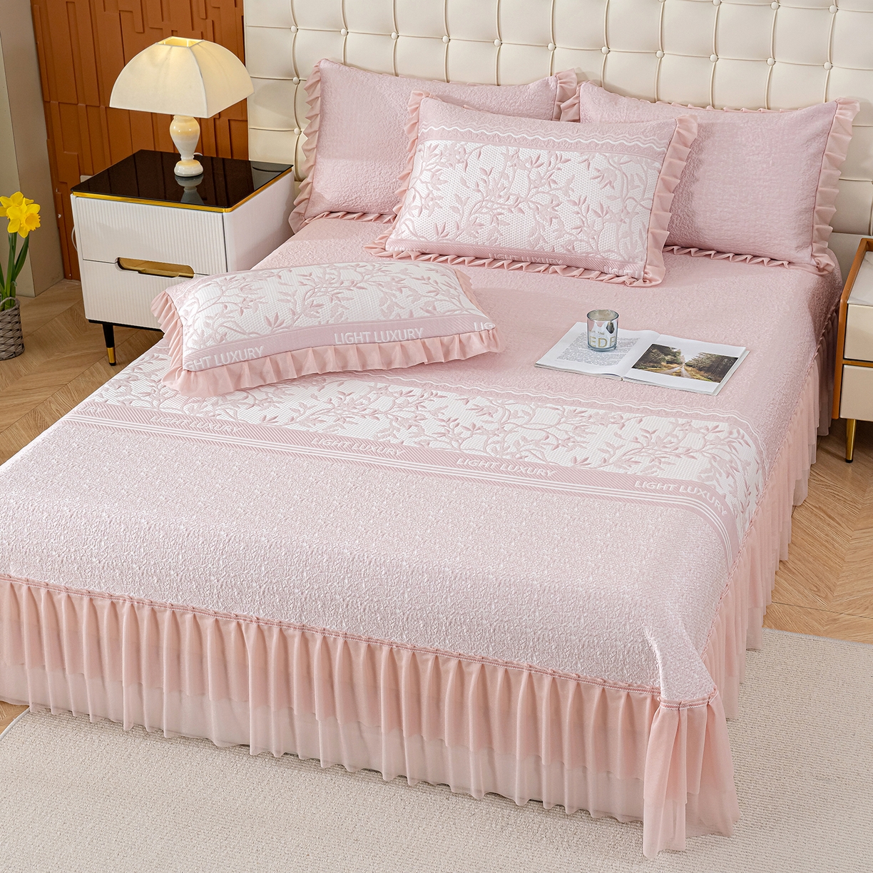 91家纺网 家纺一手货源 找家纺 冬然家纺 2026新款【清凉一夏系列】冰豆豆凉席床裙款 清凉一夏-粉