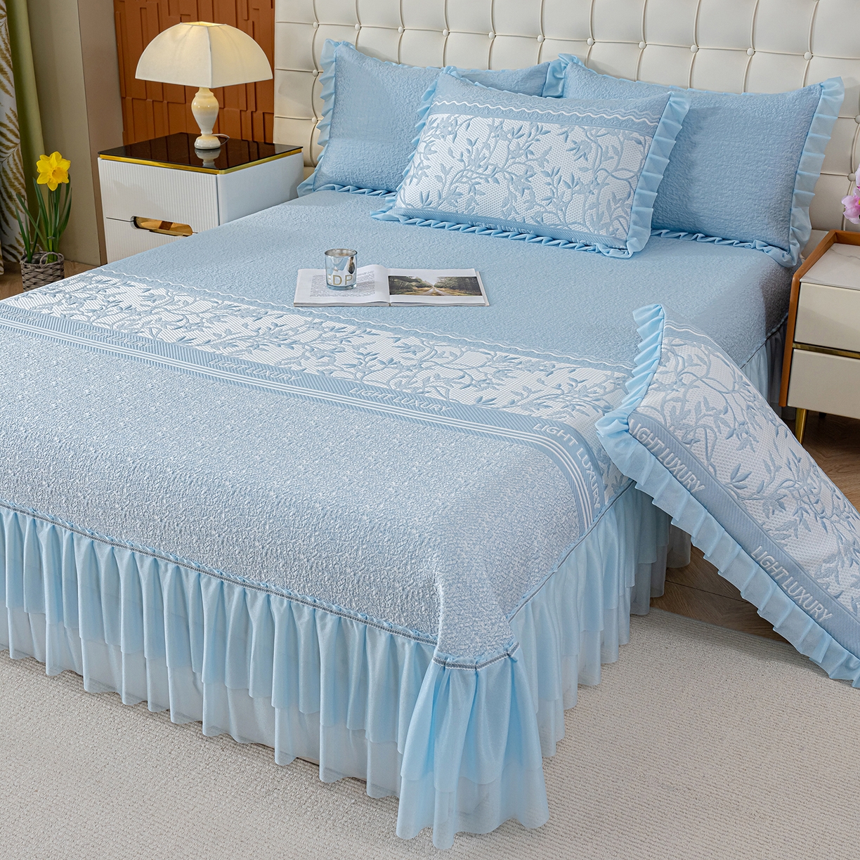 91家纺网 家纺一手货源 找家纺 冬然家纺 2026新款【清凉一夏系列】冰豆豆凉席床裙款 清凉一夏-蓝