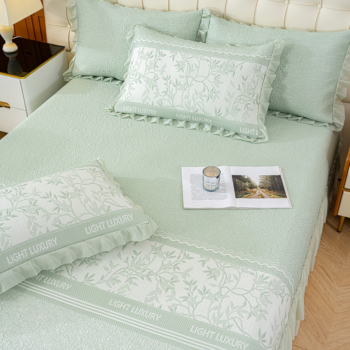 91家纺网 家纺一手货源 找家纺 冬然家纺 2026新款【清凉一夏系列】冰豆豆凉席床裙款 清凉一夏-绿