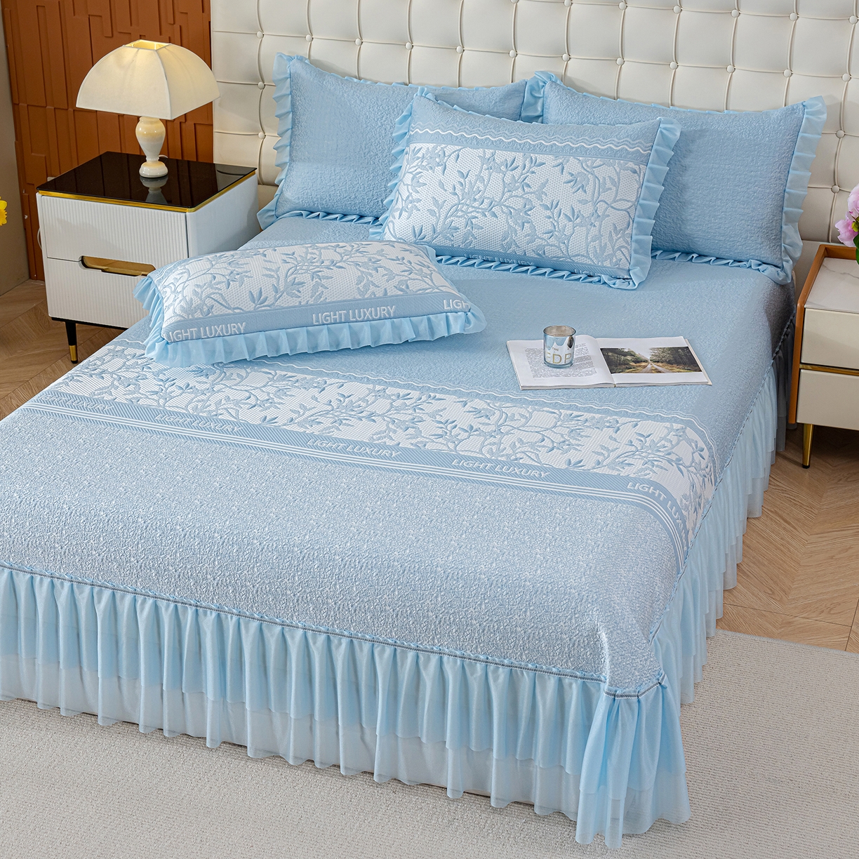 91家纺网 家纺一手货源 找家纺 冬然家纺 2026新款【清凉一夏系列】冰豆豆凉席床裙款 清凉一夏-蓝