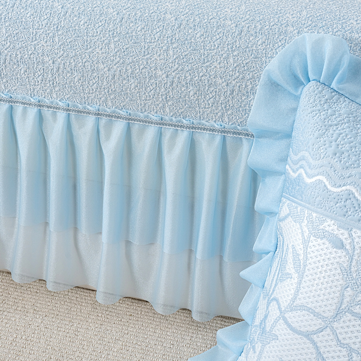 91家纺网 家纺一手货源 找家纺 冬然家纺 2026新款【清凉一夏系列】冰豆豆凉席床裙款 清凉一夏-蓝