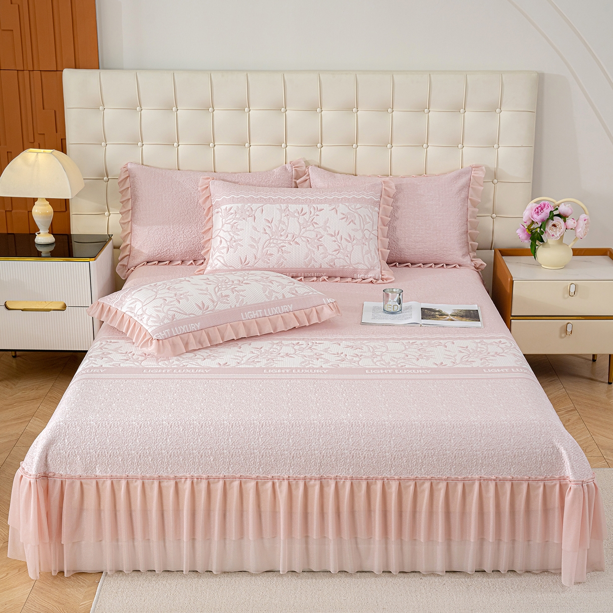 91家纺网 家纺一手货源 找家纺 冬然家纺 2026新款【清凉一夏系列】冰豆豆凉席床裙款 清凉一夏-粉