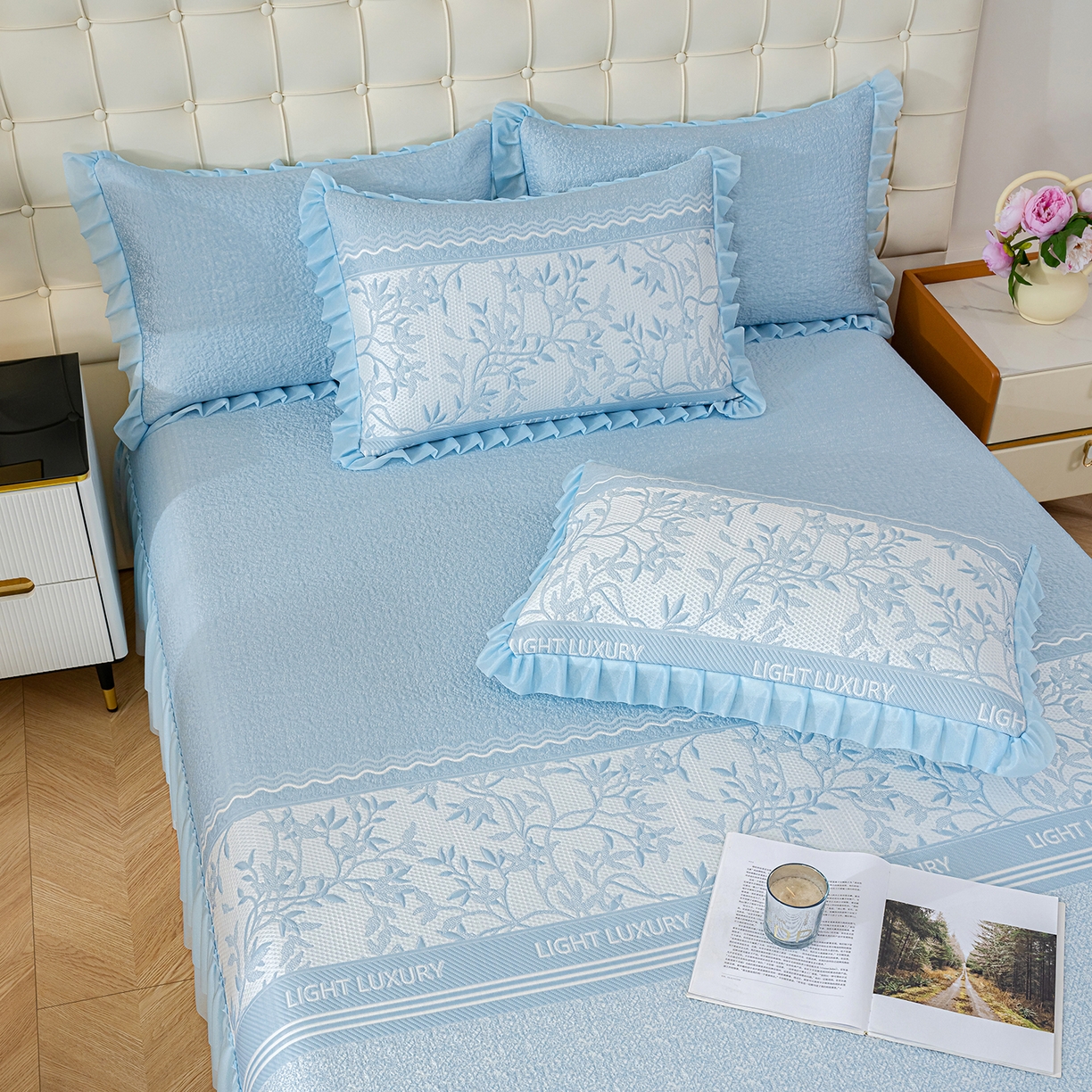 91家纺网 家纺一手货源 找家纺 冬然家纺 2026新款【清凉一夏系列】冰豆豆凉席床裙款 清凉一夏-蓝