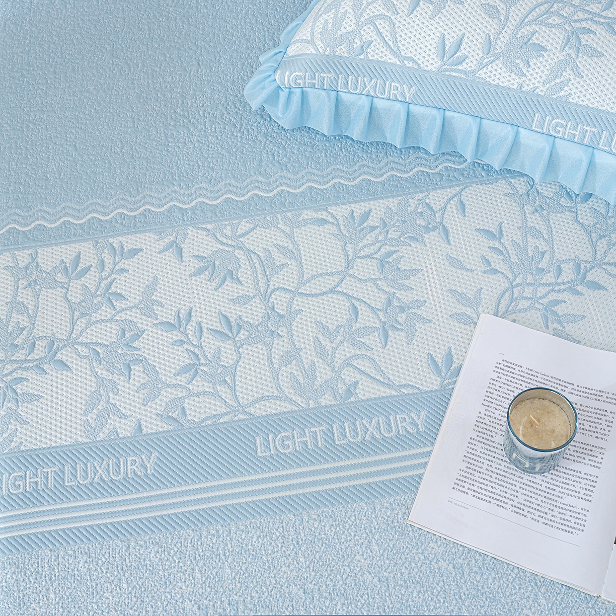 91家纺网 家纺一手货源 找家纺 冬然家纺 2026新款【清凉一夏系列】冰豆豆凉席床裙款 清凉一夏-蓝