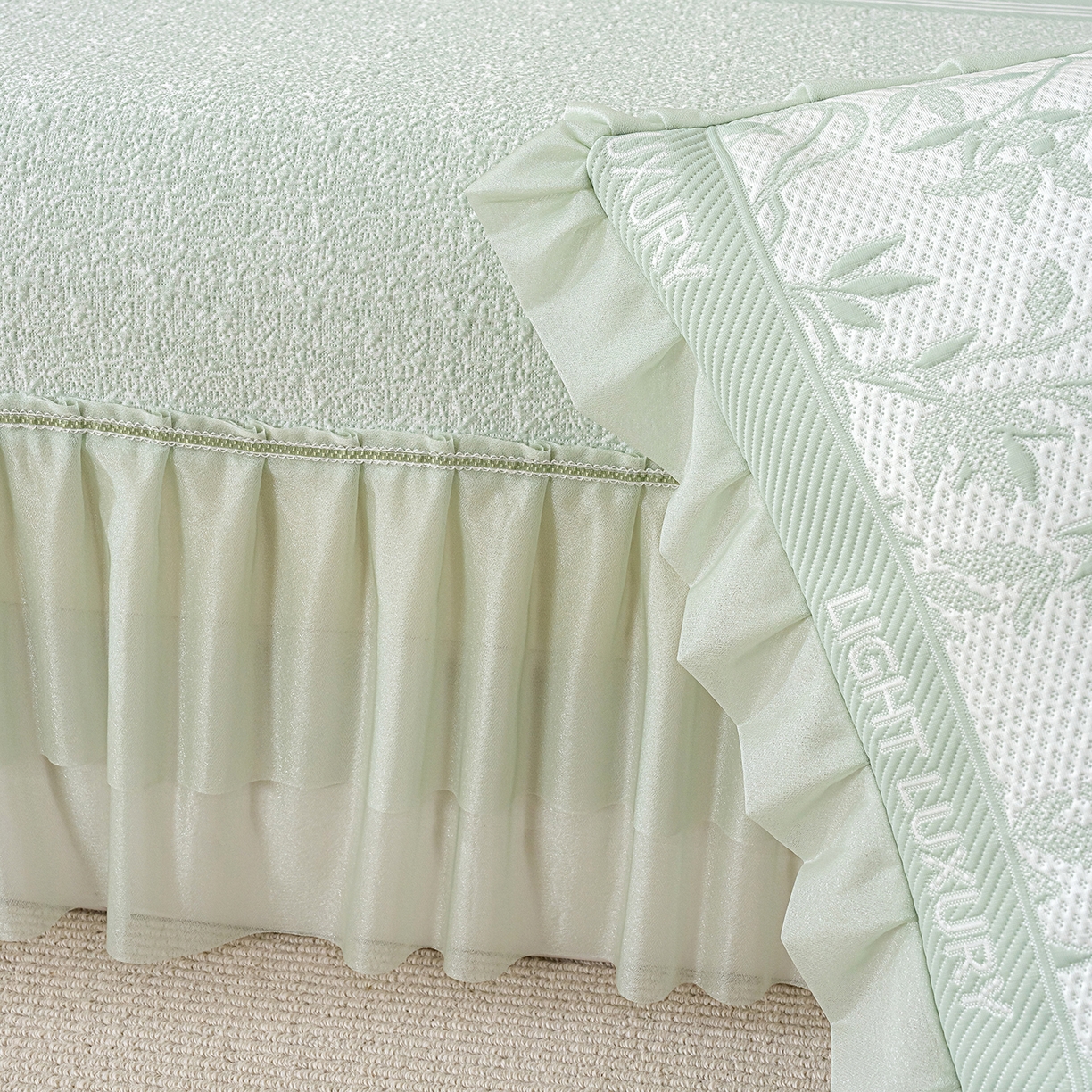 91家纺网 家纺一手货源 找家纺 冬然家纺 2026新款【清凉一夏系列】冰豆豆凉席床裙款 清凉一夏-绿