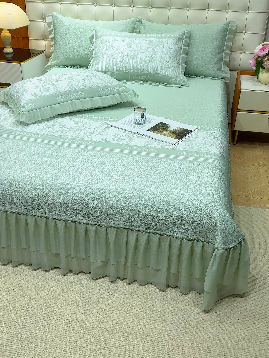 91家纺网 家纺一手货源 找家纺 冬然家纺 2026新款【清凉一夏系列】冰豆豆凉席床裙款 清凉一夏-绿