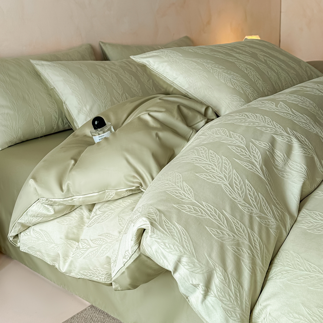 拼社家纺 2026新款A类全棉亮面提花四件套厚织浮雕提花全棉四件套（独家专版花型） 沐叶清风-绿