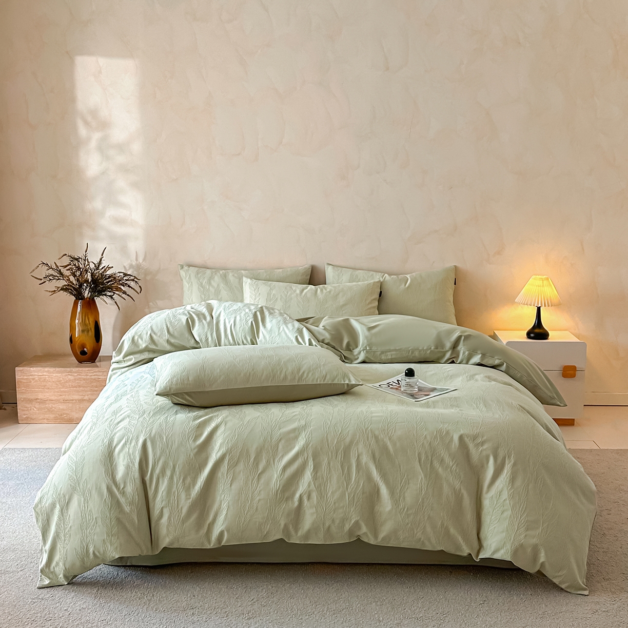 91家纺网 家纺一手货源 找家纺 拼社家纺 2026新款A类全棉亮面提花四件套厚织浮雕提花全棉四件套（独家专版花型） 沐叶清风-绿