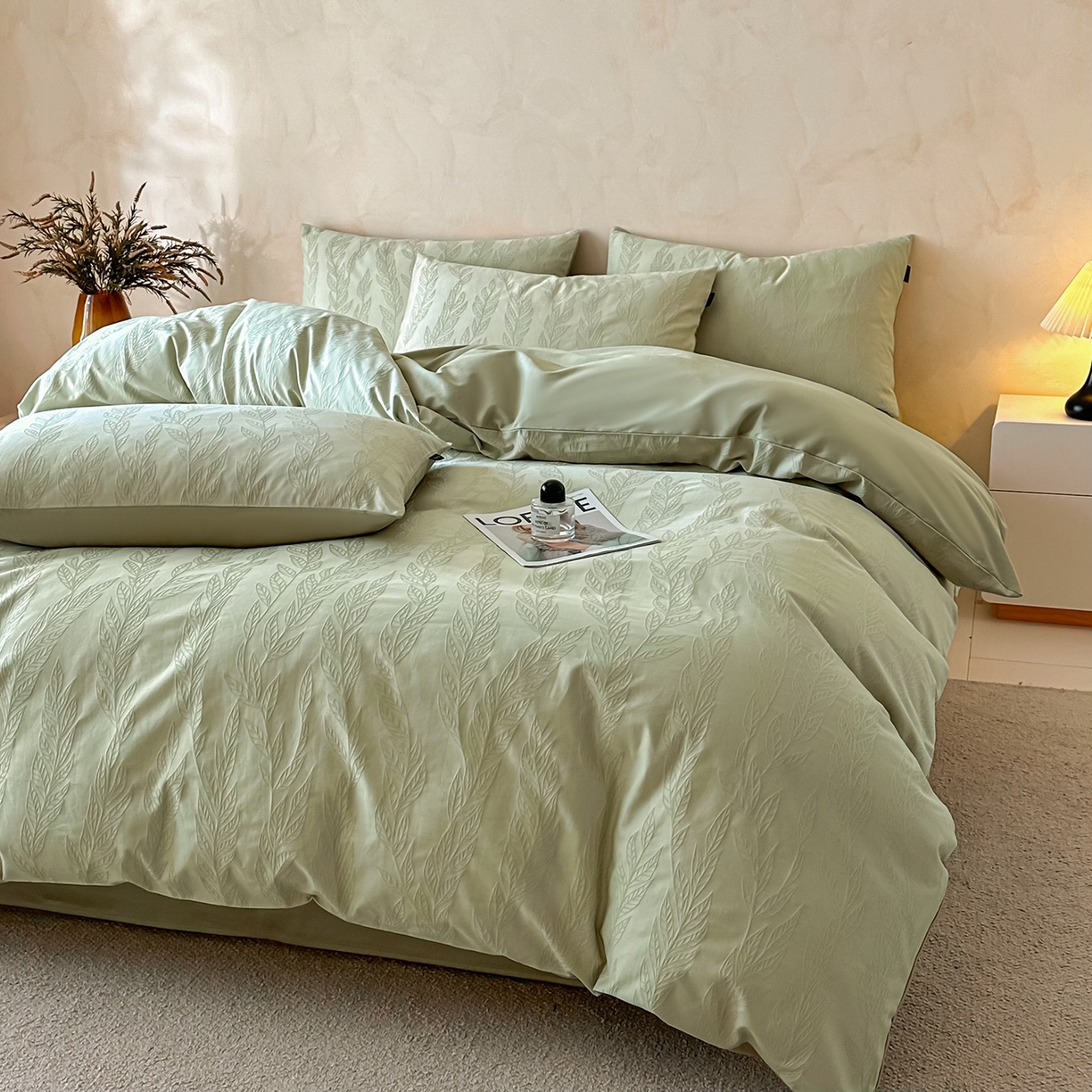 91家纺网 家纺一手货源 找家纺 拼社家纺 2026新款A类全棉亮面提花四件套厚织浮雕提花全棉四件套（独家专版花型） 沐叶清风-绿