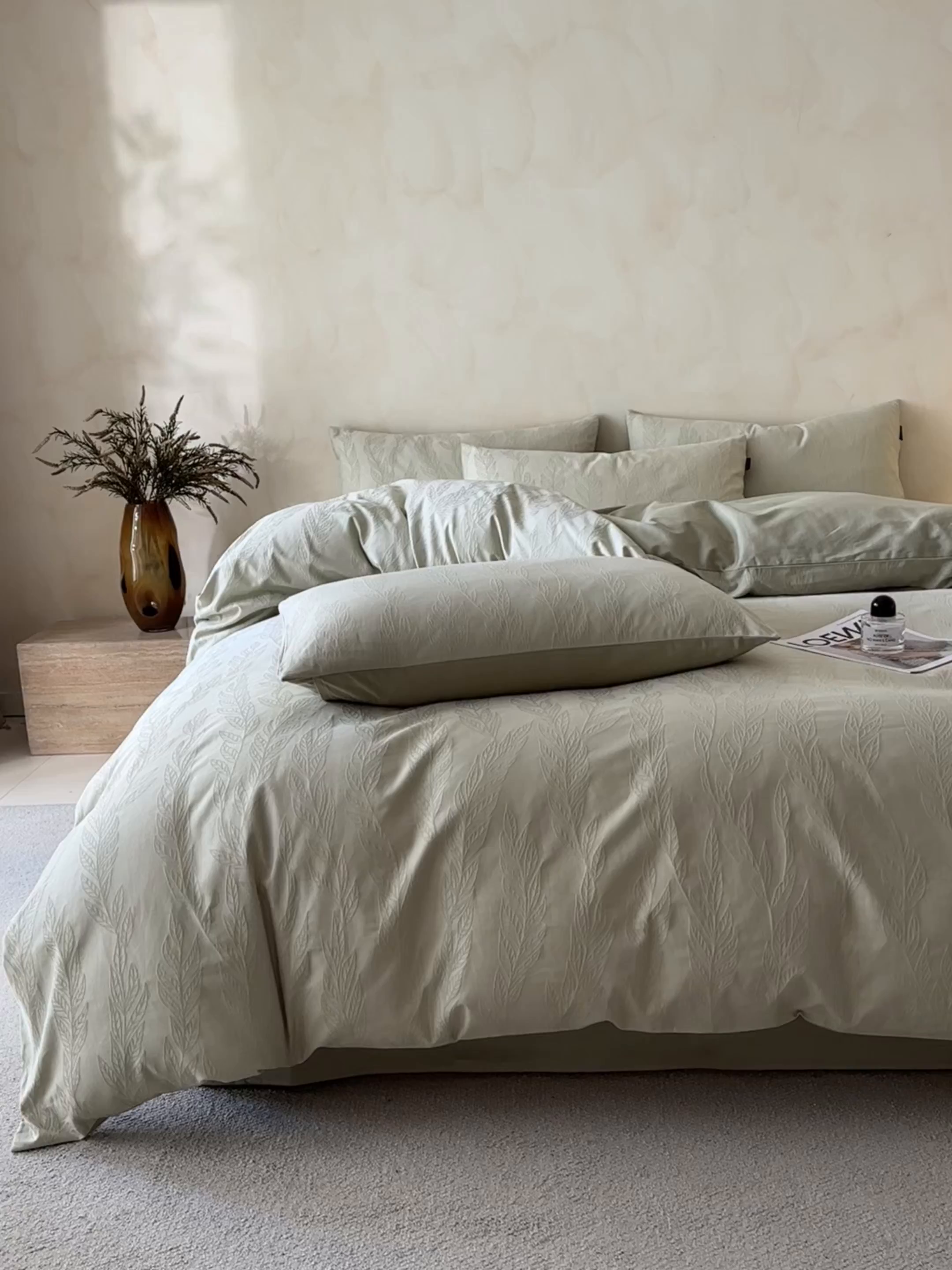 91家纺网 家纺一手货源 找家纺 拼社家纺 2026新款A类全棉亮面提花四件套厚织浮雕提花全棉四件套（独家专版花型） 沐叶清风-绿