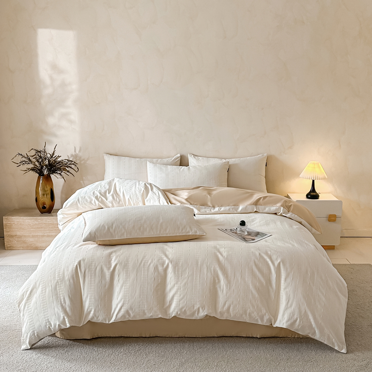 91家纺网 家纺一手货源 找家纺 拼社家纺 2026新款A类全棉亮面提花四件套厚织浮雕提花全棉四件套（独家专版花型） 星影-奶白