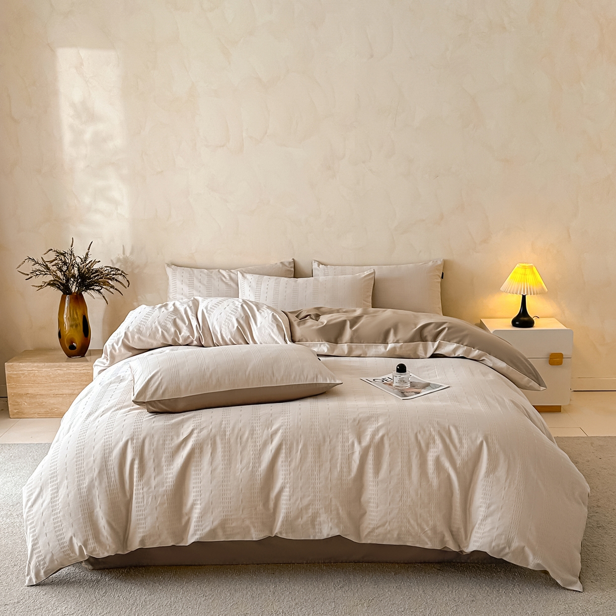 91家纺网 家纺一手货源 找家纺 拼社家纺 2026新款A类全棉亮面提花四件套厚织浮雕提花全棉四件套（独家专版花型） 星影-浅咖