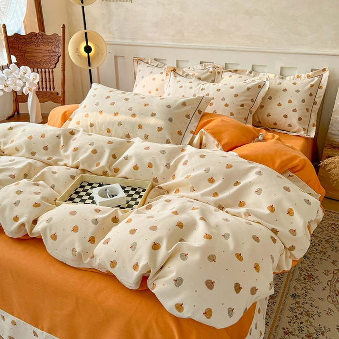 91家纺网 家纺一手货源 找家纺 简约 2025新款全棉四件套活性生态磨毛四件套 贝贝南瓜-米