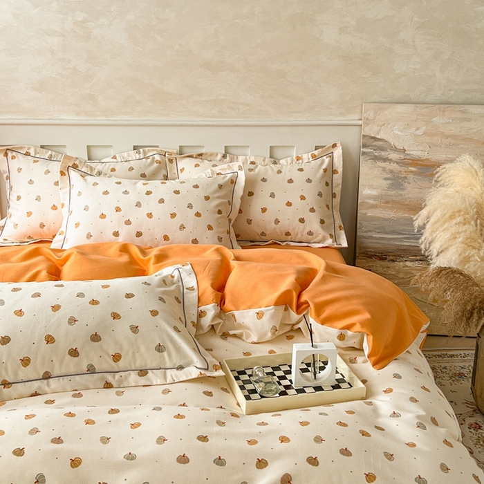 91家纺网 家纺一手货源 找家纺 简约 2025新款全棉四件套活性生态磨毛四件套 贝贝南瓜-米