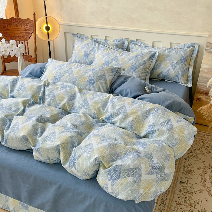 91家纺网 家纺一手货源 找家纺 简约 2025新款全棉四件套活性生态磨毛四件套 妮可-蓝