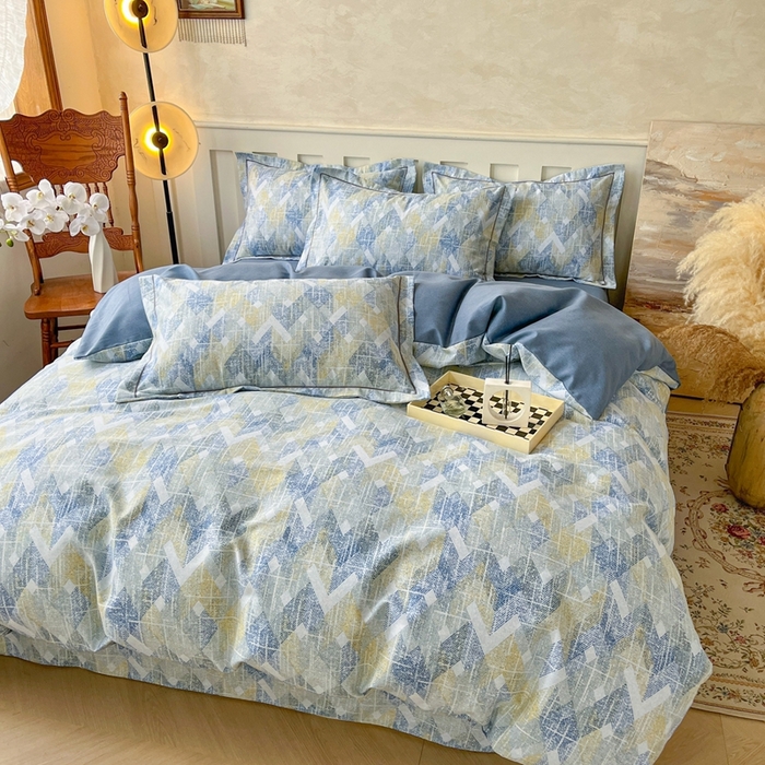 91家纺网 家纺一手货源 找家纺 简约 2025新款全棉四件套活性生态磨毛四件套 妮可-蓝