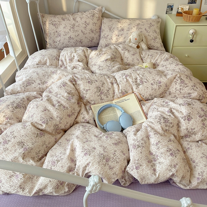 贝扬思家纺 2026新款高品质A类泡芙纱普通款四件套-110g-(软软糯糯小红书推荐~) 柔紫碎花屿