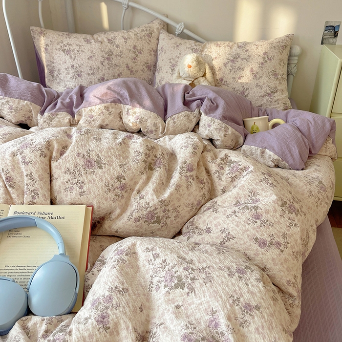 91家纺网 家纺一手货源 找家纺 贝扬思家纺 2026新款高品质A类泡芙纱普通款四件套-110g-(软软糯糯小红书推荐~) 柔紫碎花屿