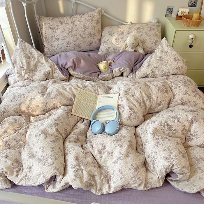 91家纺网 家纺一手货源 找家纺 贝扬思家纺 2026新款高品质A类泡芙纱普通款四件套-110g-(软软糯糯小红书推荐~) 柔紫碎花屿