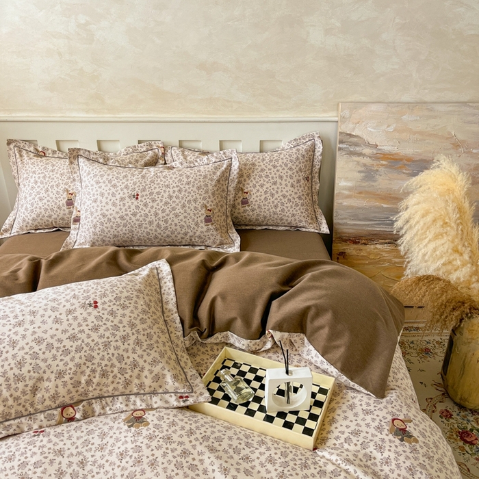 91家纺网 家纺一手货源 找家纺 简约 2025新款全棉四件套活性生态磨毛四件套 甜甜兔-咖