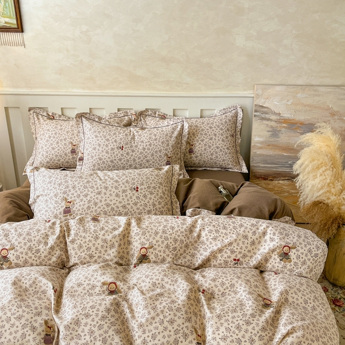 91家纺网 家纺一手货源 找家纺 简约 2025新款全棉四件套活性生态磨毛四件套 甜甜兔-咖