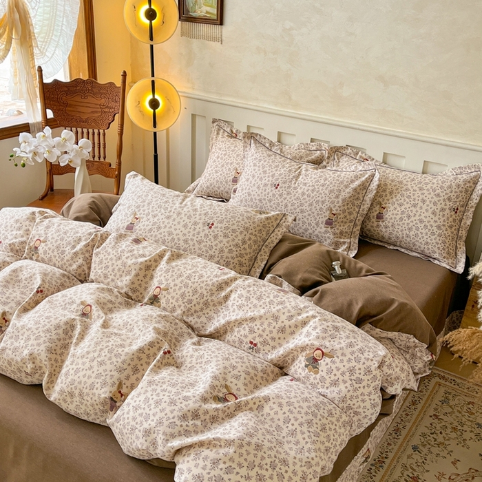 91家纺网 家纺一手货源 找家纺 简约 2025新款全棉四件套活性生态磨毛四件套 甜甜兔-咖