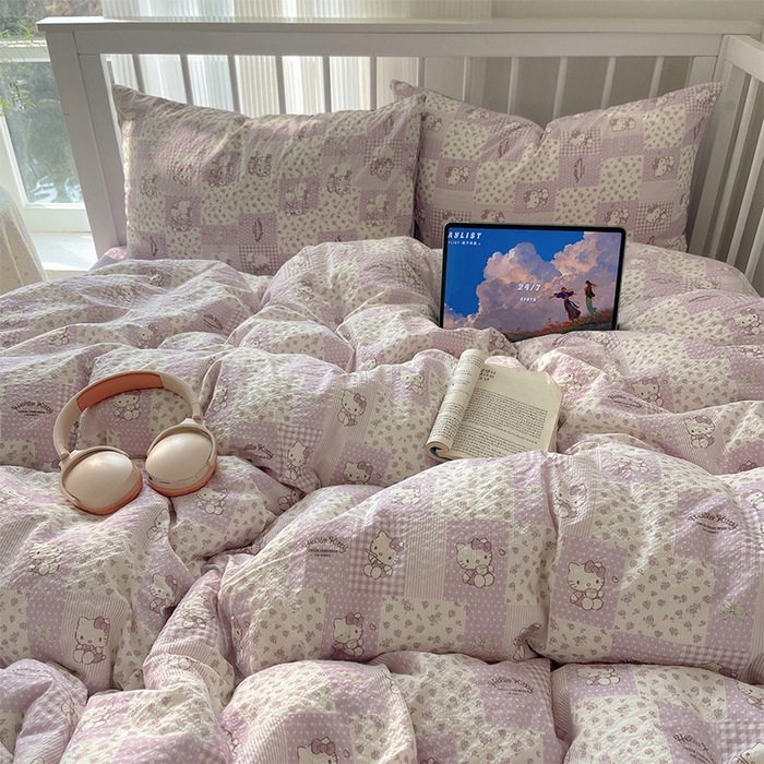 91家纺网 家纺一手货源 找家纺 贝扬思家纺 2026新款高品质A类泡芙纱普通款四件套-110g-(软软糯糯小红书推荐~) 软紫格猫