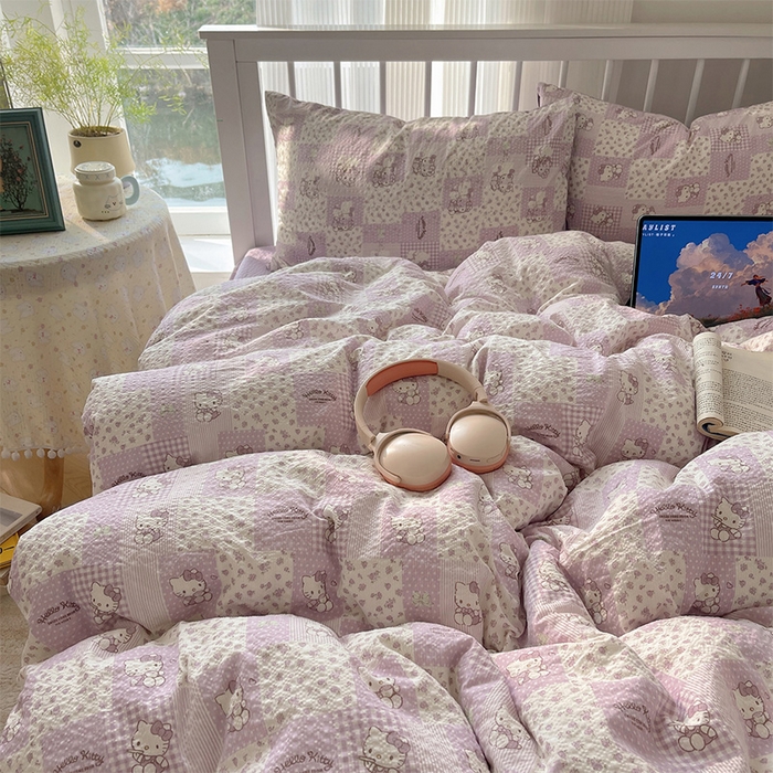 91家纺网 家纺一手货源 找家纺 贝扬思家纺 2026新款高品质A类泡芙纱普通款四件套-110g-(软软糯糯小红书推荐~) 软紫格猫