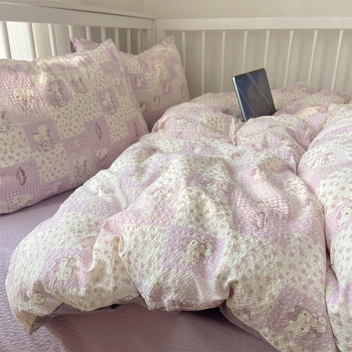 91家纺网 家纺一手货源 找家纺 贝扬思家纺 2026新款高品质A类泡芙纱普通款四件套-110g-(软软糯糯小红书推荐~) 软紫格猫