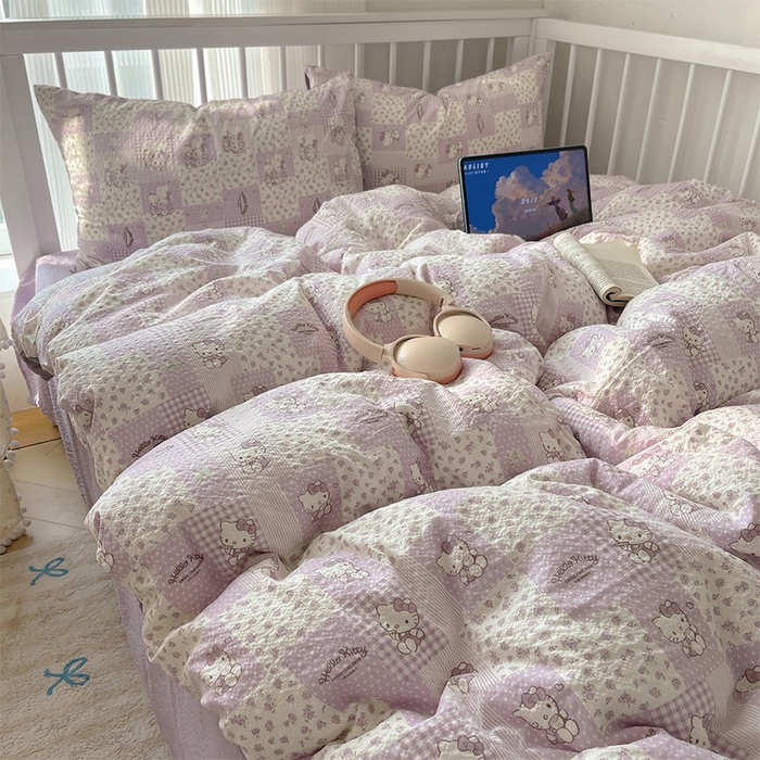 91家纺网 家纺一手货源 找家纺 贝扬思家纺 2026新款高品质A类泡芙纱普通款四件套-110g-(软软糯糯小红书推荐~) 软紫格猫