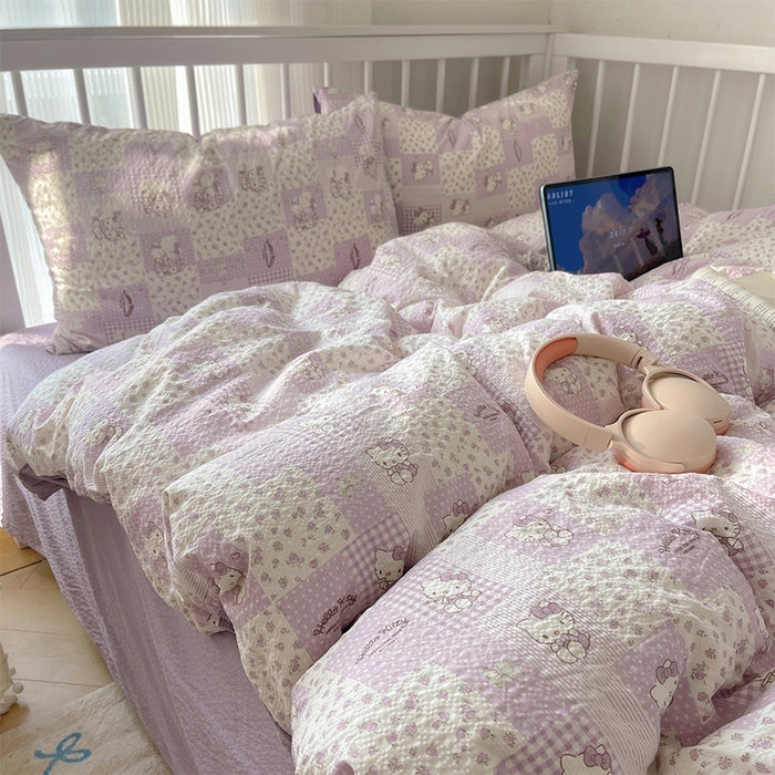 91家纺网 家纺一手货源 找家纺 贝扬思家纺 2026新款高品质A类泡芙纱普通款四件套-110g-(软软糯糯小红书推荐~) 软紫格猫