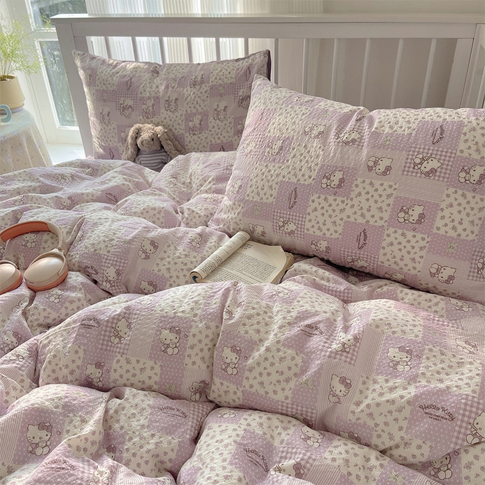 91家纺网 家纺一手货源 找家纺 贝扬思家纺 2026新款高品质A类泡芙纱普通款四件套-110g-(软软糯糯小红书推荐~) 软紫格猫