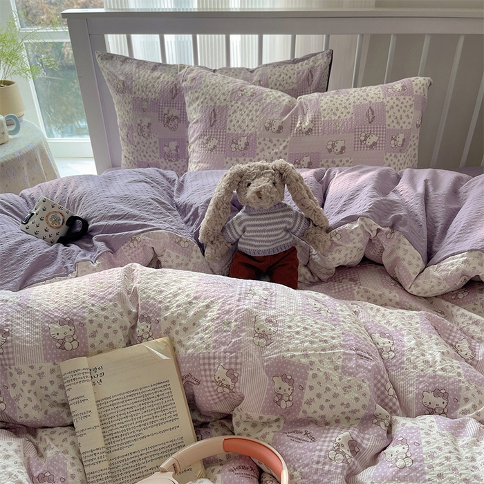 91家纺网 家纺一手货源 找家纺 贝扬思家纺 2026新款高品质A类泡芙纱普通款四件套-110g-(软软糯糯小红书推荐~) 软紫格猫