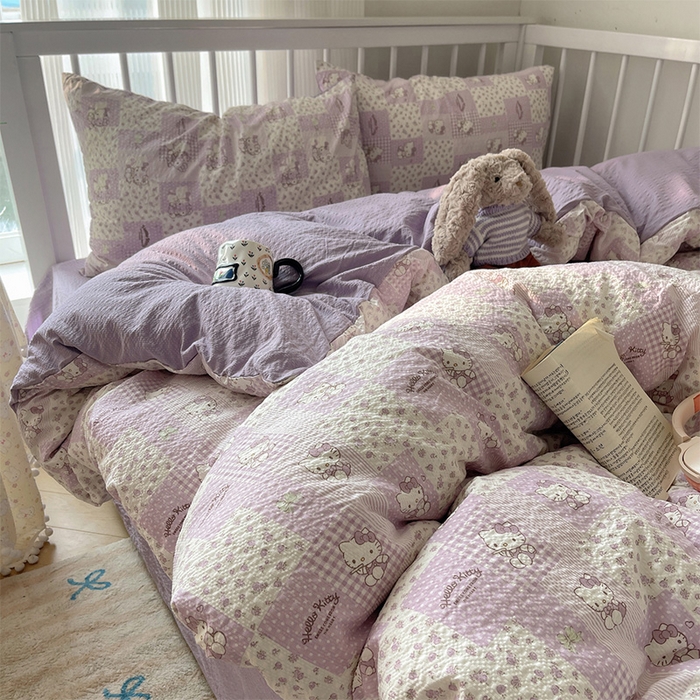 91家纺网 家纺一手货源 找家纺 贝扬思家纺 2026新款高品质A类泡芙纱普通款四件套-110g-(软软糯糯小红书推荐~) 软紫格猫