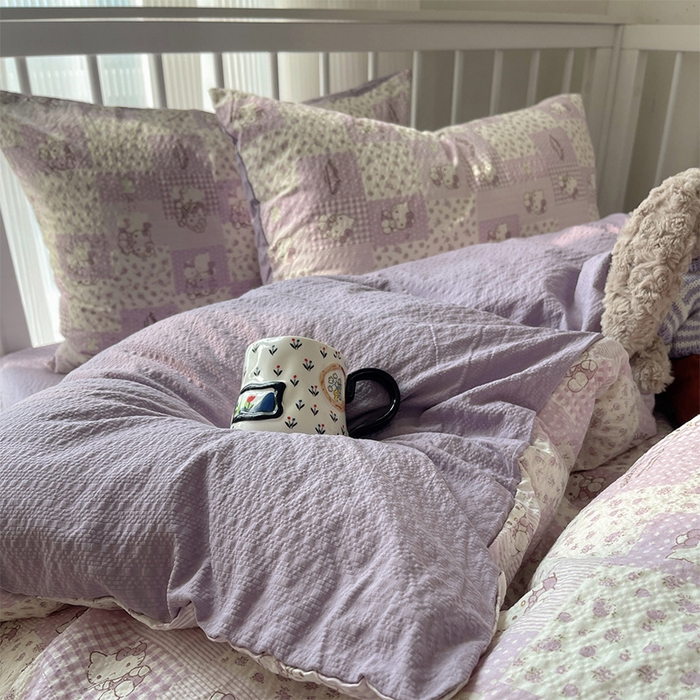 91家纺网 家纺一手货源 找家纺 贝扬思家纺 2026新款高品质A类泡芙纱普通款四件套-110g-(软软糯糯小红书推荐~) 软紫格猫