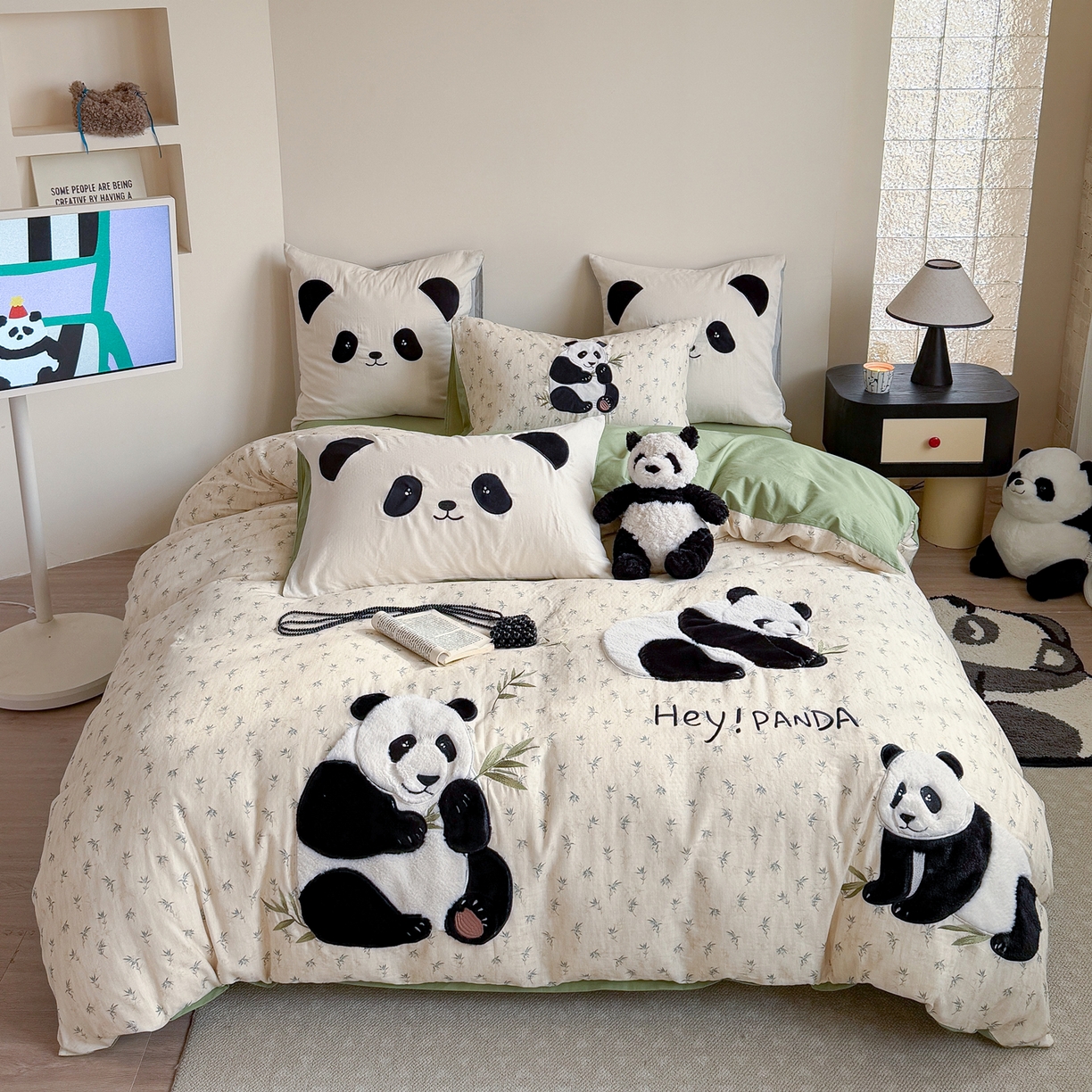 丽涵家纺 2026新款全棉纯棉双层纱印花贴布绣四件套-熊猫一家 熊猫一家-绿