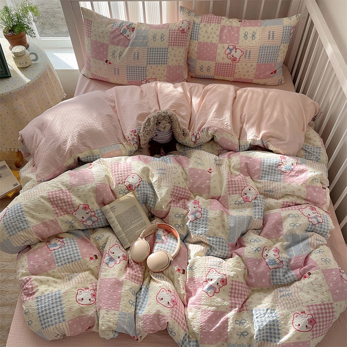 贝扬思家纺 2026新款高品质A类泡芙纱普通款四件套-110g-(软软糯糯小红书推荐~) 甜喵块块