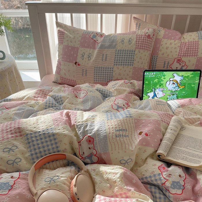 91家纺网 家纺一手货源 找家纺 贝扬思家纺 2026新款高品质A类泡芙纱普通款四件套-110g-(软软糯糯小红书推荐~) 甜喵块块