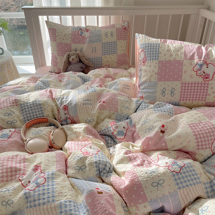 91家纺网 家纺一手货源 找家纺 贝扬思家纺 2026新款高品质A类泡芙纱普通款四件套-110g-(软软糯糯小红书推荐~) 甜喵块块