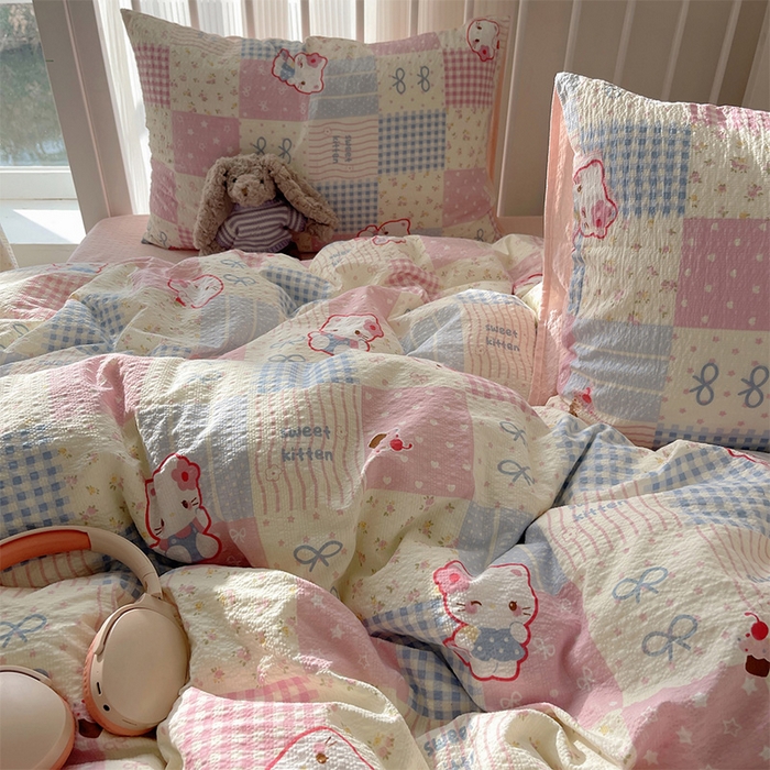 91家纺网 家纺一手货源 找家纺 贝扬思家纺 2026新款高品质A类泡芙纱普通款四件套-110g-(软软糯糯小红书推荐~) 甜喵块块