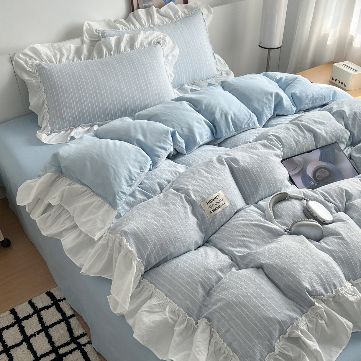 91家纺网 家纺一手货源 找家纺 （总）晨曦家纺 2026新款荷叶花边泡芙纱提花四件套可水洗棉四件套少女风