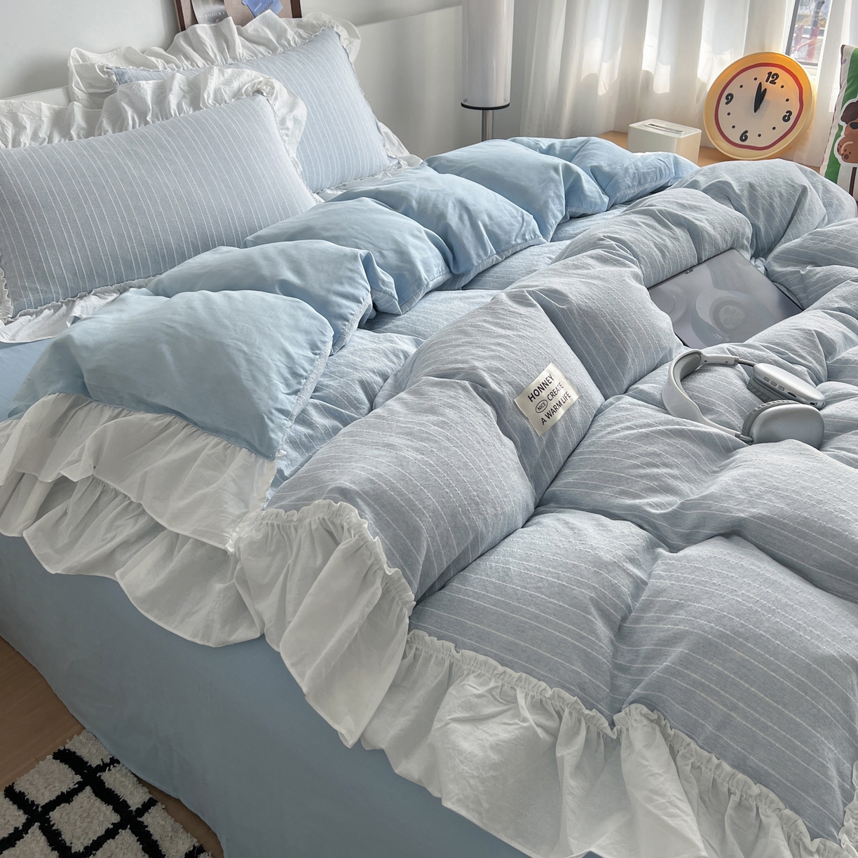 91家纺网 家纺一手货源 找家纺 （总）晨曦家纺 2026新款荷叶花边泡芙纱提花四件套可水洗棉四件套少女风