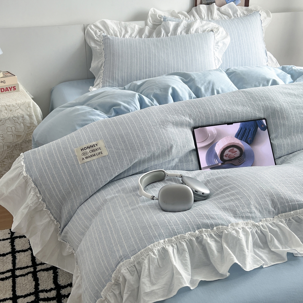 91家纺网 家纺一手货源 找家纺 （总）晨曦家纺 2026新款荷叶花边泡芙纱提花四件套可水洗棉四件套少女风