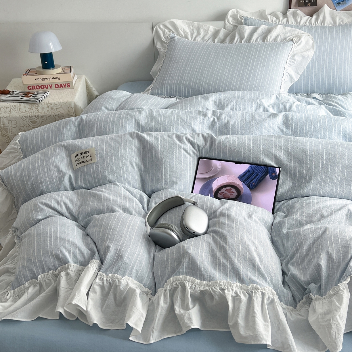 91家纺网 家纺一手货源 找家纺 （总）晨曦家纺 2026新款荷叶花边泡芙纱提花四件套可水洗棉四件套少女风