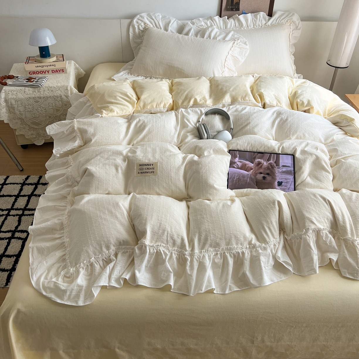 91家纺网 家纺一手货源 找家纺 晨曦家纺 2026新款荷叶花边泡芙纱提花四件套可水洗棉四件套少女风 黄油奶芙