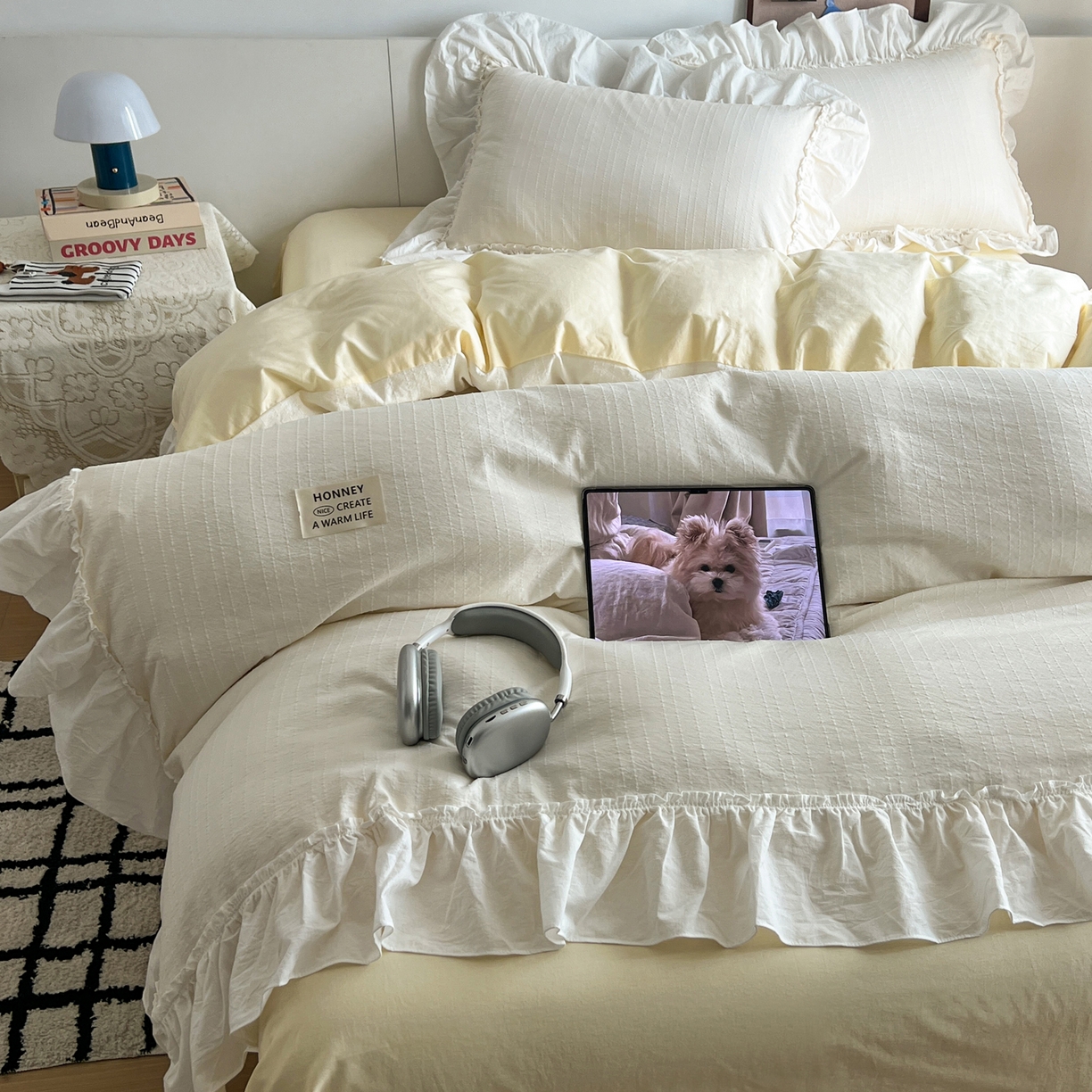 91家纺网 家纺一手货源 找家纺 晨曦家纺 2026新款荷叶花边泡芙纱提花四件套可水洗棉四件套少女风 黄油奶芙