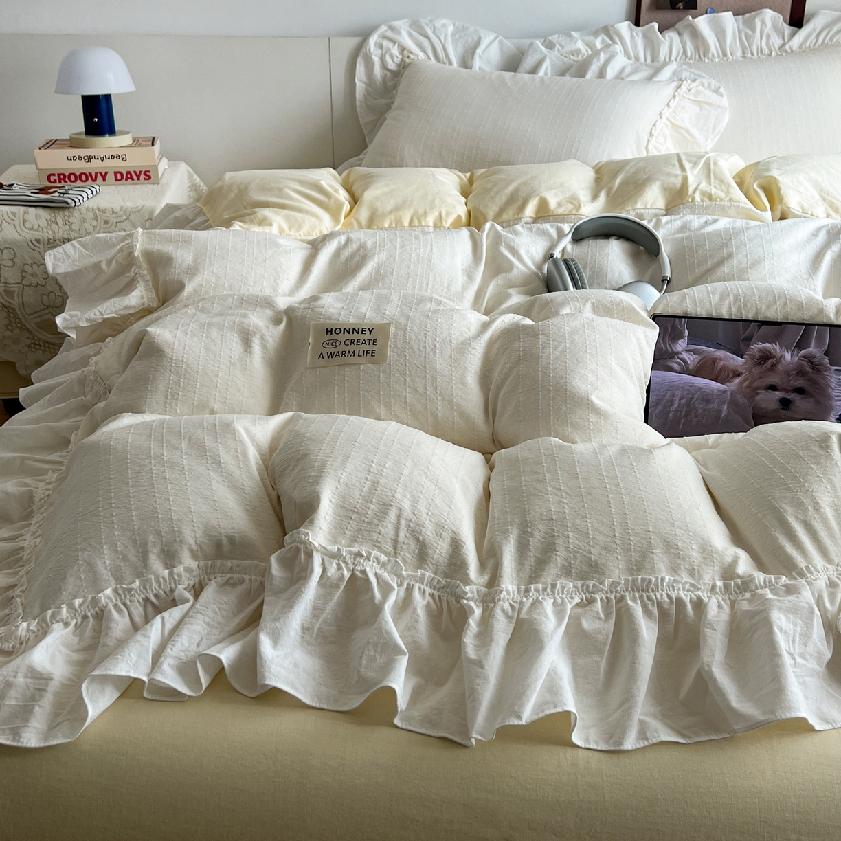 91家纺网 家纺一手货源 找家纺 晨曦家纺 2026新款荷叶花边泡芙纱提花四件套可水洗棉四件套少女风 黄油奶芙