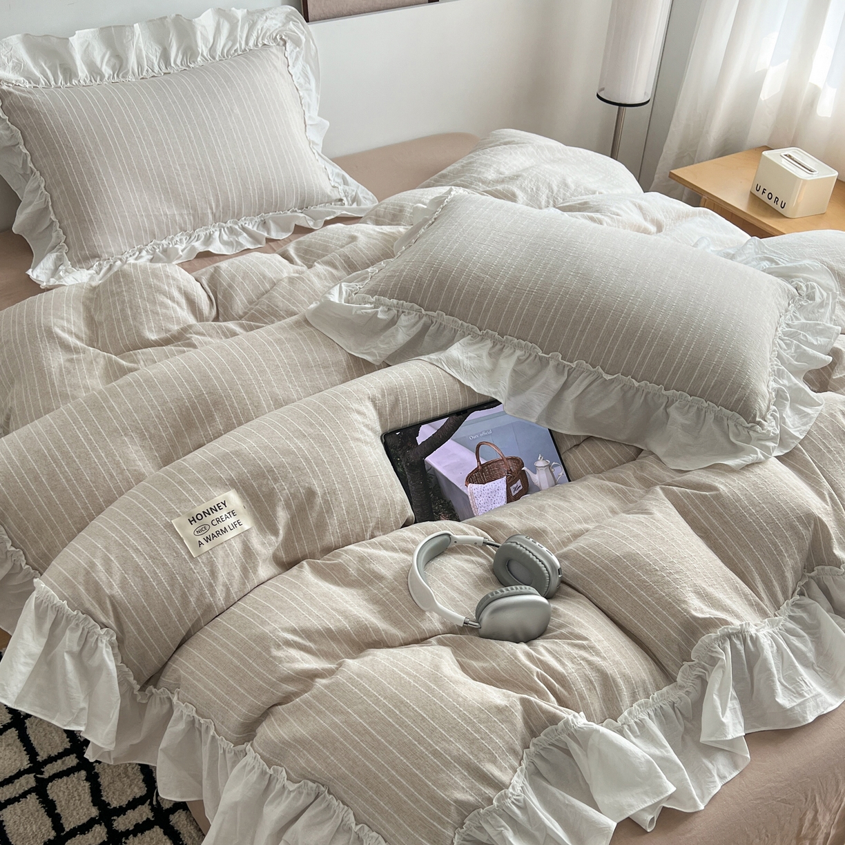 晨曦家纺 2026新款荷叶花边泡芙纱提花四件套可水洗棉四件套少女风 焦糖奶芙