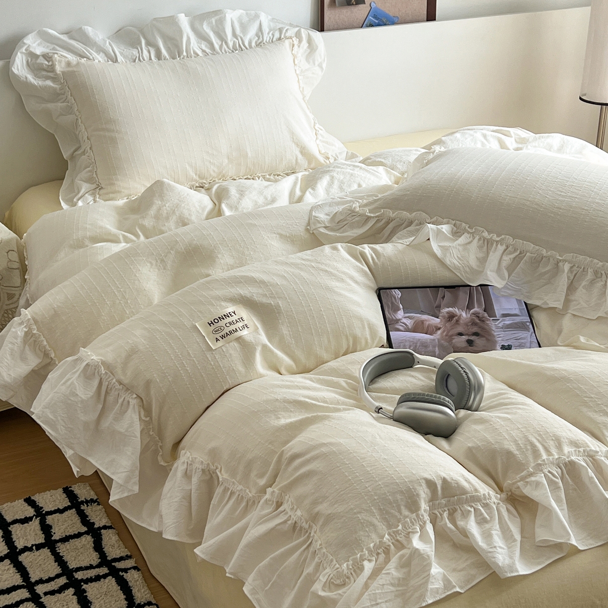 晨曦家纺 2026新款荷叶花边泡芙纱提花四件套可水洗棉四件套少女风 黄油奶芙